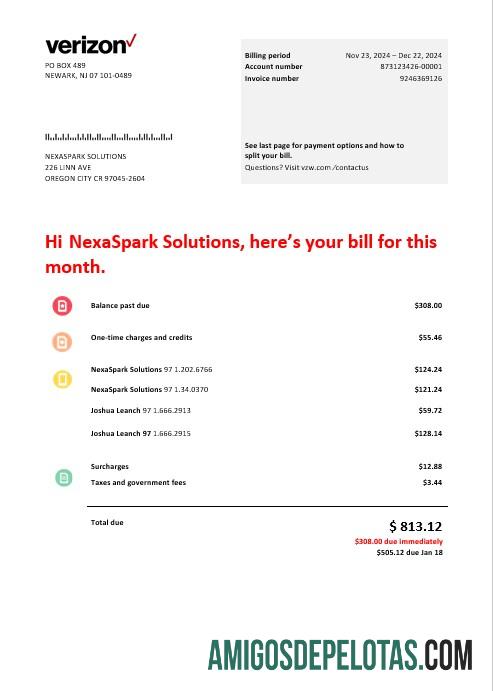 Em branco modelo de conta de serviços públicos de telecomunicações da Verizon dos EUA em formatos Word e PDF